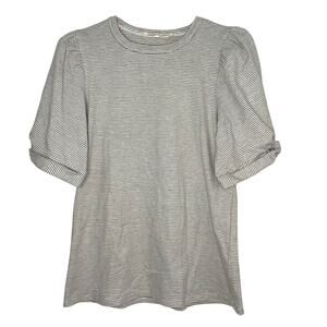 Buru Gray White Striped Blouse Womens Size S Puff Sleeves Cotton Blend Soft Top